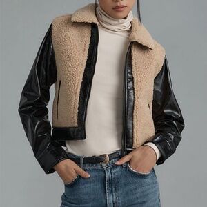 Anthropologie Maeve Vegan Leather Sherpa Cropped Jacket M Tan Black $168